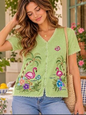 VTG Jenny Flamingo Tropical Cardigan Grandmacore Kitsch Cottagecore